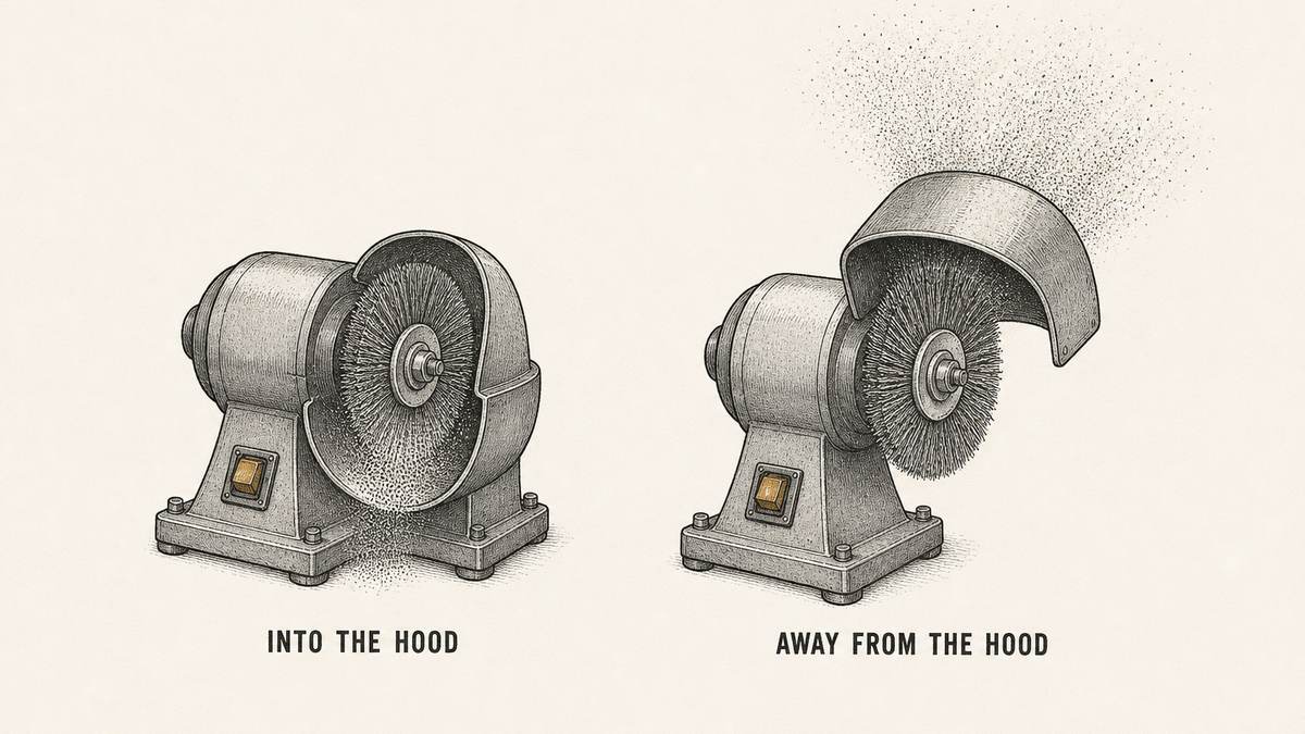 Two bench machines drawn side by side, each with a wire wheel brush on its spindle and a curved metal hood: the left machine with the hood enclosing the lower half of the brush and a fine stipple cloud of dust and loose wire streaming downward and inward into the hood mouth, and the right machine with the hood over the upper half and the same stipple cloud streaming upward and outward away from the hood into the open air