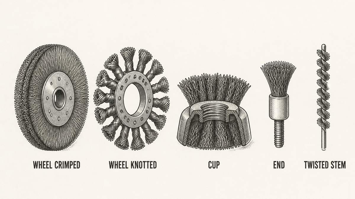 Five wire brush shapes drawn side by side: a circular wheel brush with a dense even band of crimped wire around a steel centre plate, a wheel brush of the same size with the wire twisted into separate knots radiating from a ring core, a cup brush in section with tufts flaring from a threaded hub, a small end brush with a single tuft on a threaded stem, and a long stem with a spiral of wire bristles twisted along its length