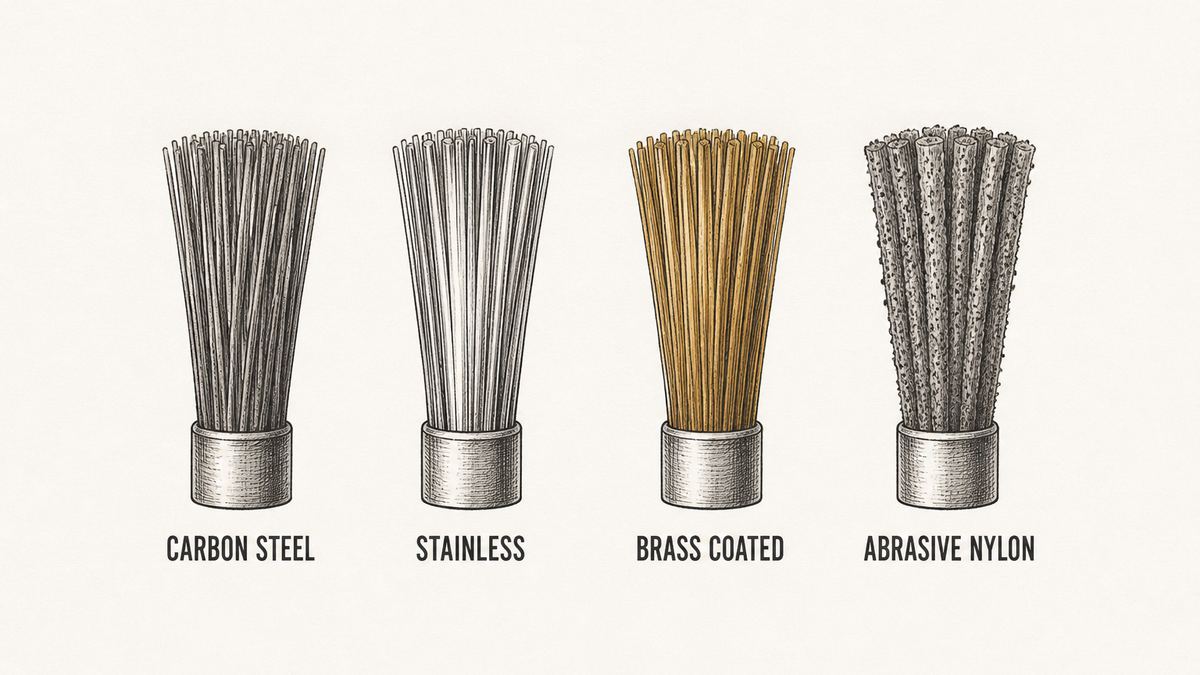 Four short bundles of brush wire of equal length and thickness side by side, each held at the base by a small metal ferrule and each drawn in a distinctly different tone: a dull grey hatched bundle, a brighter smoother bundle with long clean highlight lines, a bundle with a warm amber-gold cast, and a bundle of thicker slightly irregular filaments with a speckled surface scattered with tiny dark abrasive dots