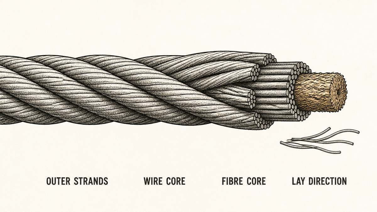 A wire rope cut open lengthwise and shown in section so its build is visible: the outer layer of helically wound strands around an inner core, with a few individual outer wires drawn separately to show how small each wire is, and a fibre core shown beside a steel wire core