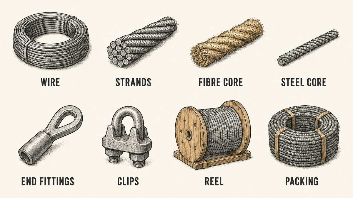 Wire rope cost lines drawn as two rows of labelled objects: a coil of bare steel wire, a bundle of bare strands twisted together, a fibre core shown as a rope of natural fibre, a steel wire core shown as a small tight rope, a swaged metal fitting, a set of U-bolt clips with nuts, a reel wound with finished rope, and a packed wrap of coiled rope ready to ship