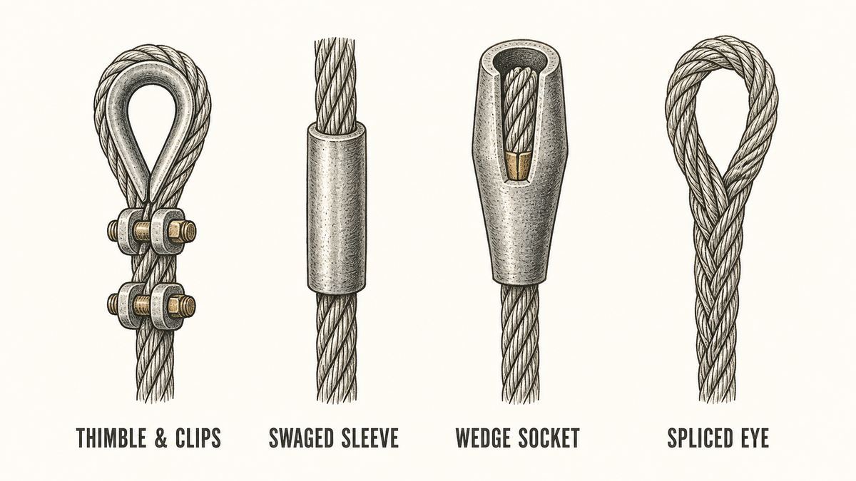 Four wire rope end terminations drawn side by side, each on a length of the same rope: a soft eye formed around a metal thimble and held by two U-bolt clips, a swaged metal sleeve squeezed onto the rope, a wedge socket with the rope running into a tapered socket, and a hand-spliced eye with the strands tucked back into the rope