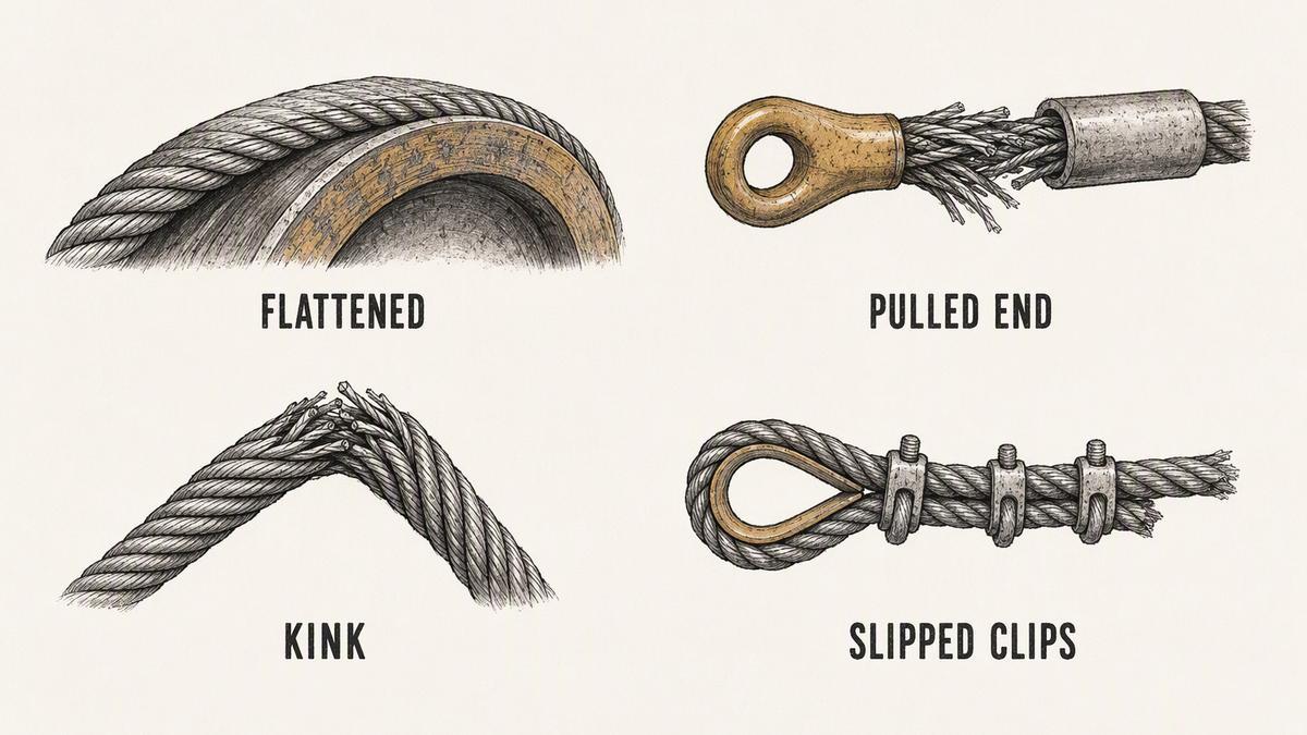 Four failed wire rope assemblies drawn as technical illustrations: a rope with its outer strands worn flat along one side, a rope end where the swaged sleeve has pulled away and the strands have drawn back out of the fitting, a rope kinked into a sharp permanent bend with the strands splayed, and an eye with a thimble where the clips have been wrongly spaced and the rope tail has slipped through