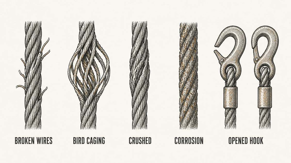 Five damaged wire rope sections drawn in a row, each showing one condition: individual wires broken and protruding from the surface, a section opened into a birdcage of splayed strands, a flattened and crushed section, a surface pitted with corrosion, and a hook with its mouth stretched visibly open drawn beside a closed hook for comparison