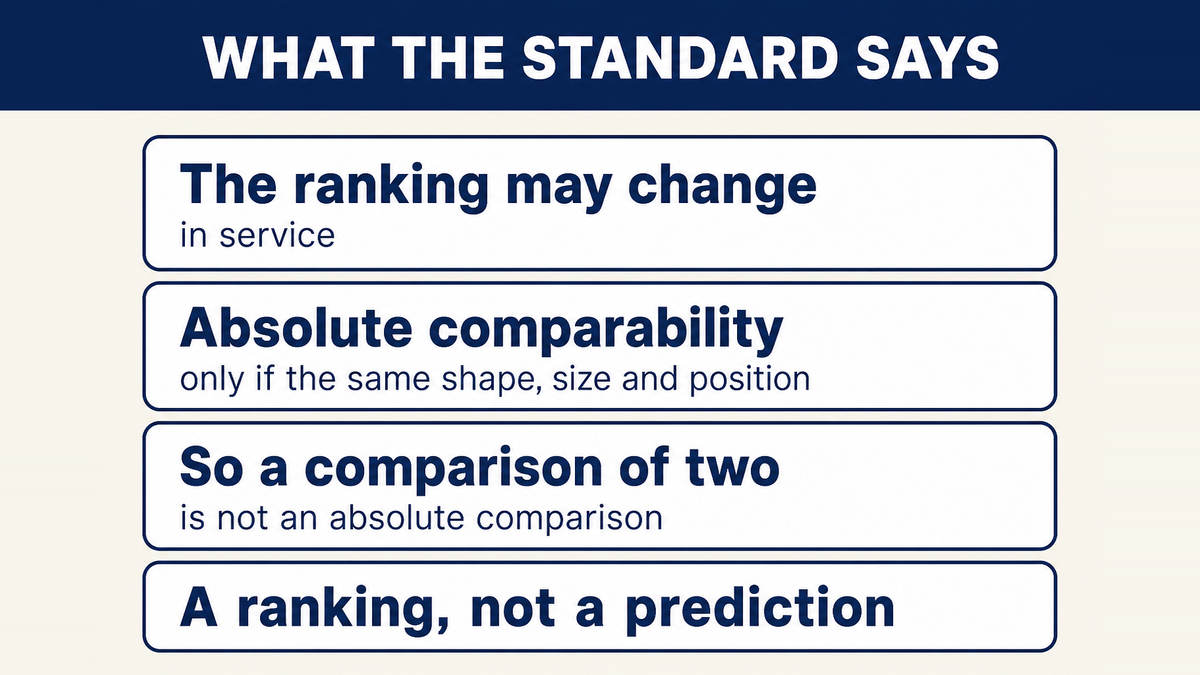 A laboratory filtration result is a ranking against a standard challenge, and the standard states that absolute comparability needs the same shape, size and position in the test duct